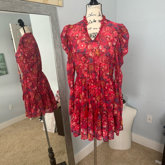 Floral Flying Tomato Dress Ruffled Puffy Shoulder Feminine Cocktail Size M - Picture 3 of 8